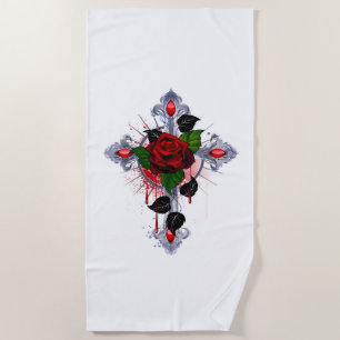 Toalla De Playa Cruz de Plata con una Rosa Roja