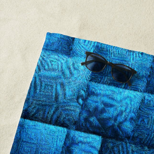 Toalla De Playa Cuadrados azules con diseño tribal abstracto (In situ)