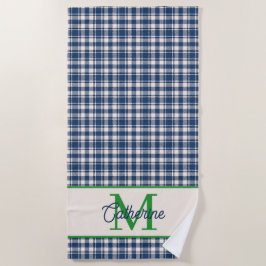 Toalla De Playa Cuadro Escocés de Gingham Azul y Verde con Monogra