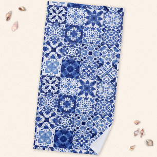 Toalla De Playa Cuadros de agua del patrón de mosaico blanco azul 