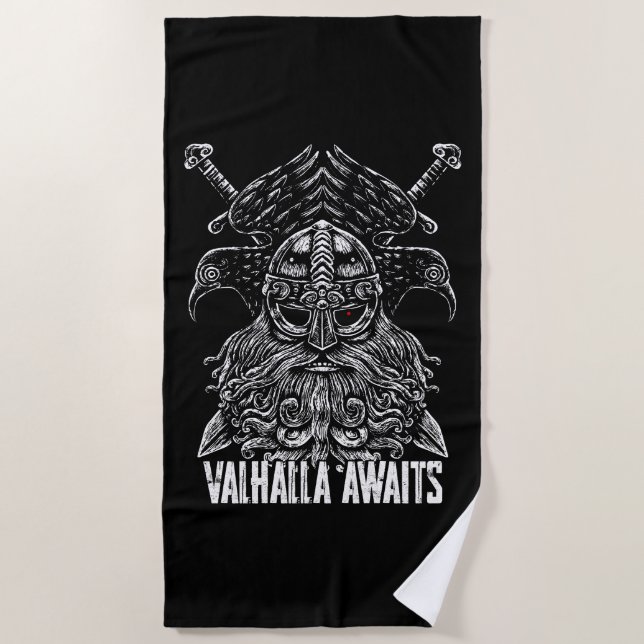 Toalla De Playa Cuervos de Odín Mitología Vikinga Valhalla espera (Anverso)