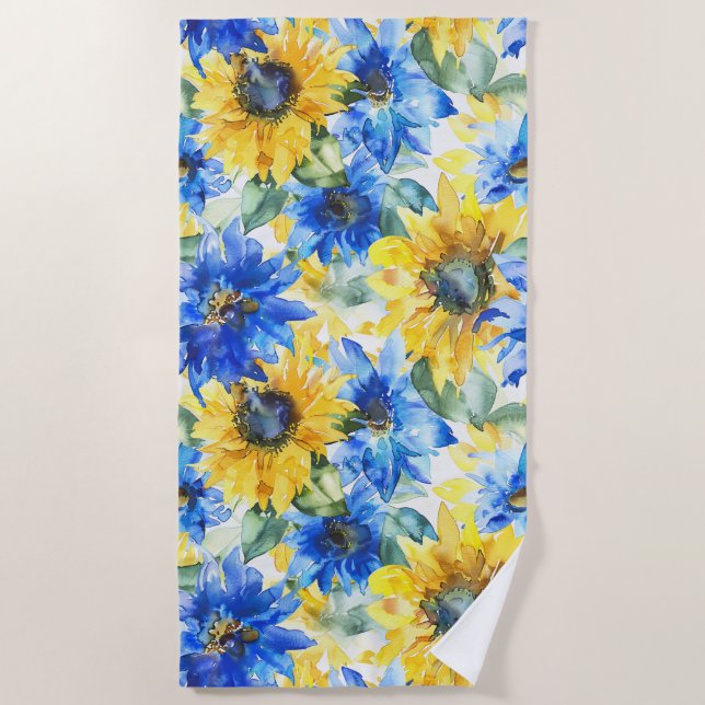 Toalla De Playa Cumpleaños de las Flores Amarillas Azules (Anverso)