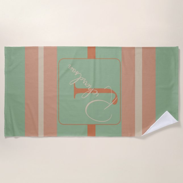 Toalla De Playa Custom Coral Sage Stripe Monogram Boho Pastel Chi (Anverso)
