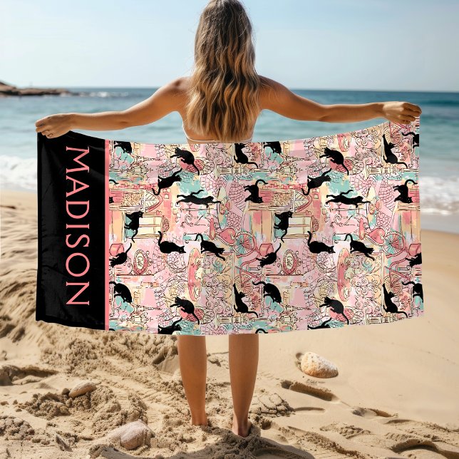 Toalla De Playa Cute acuarela moderna Paris Cafe Cat Personalizado (Subido por el creador)