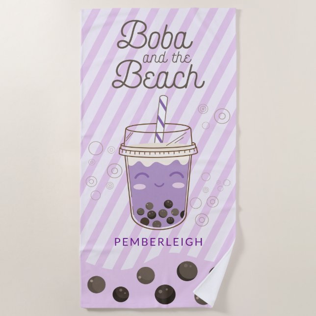 Toalla De Playa Cute Boba Bubble Tea Purple Stripes (Anverso)
