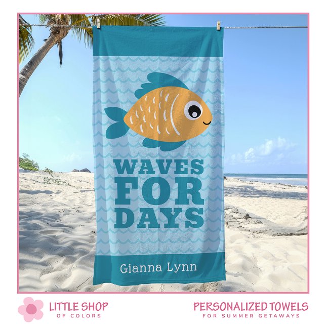 Toalla De Playa Cute Fish Waves for Days Personalized Kids (Subido por el creador)