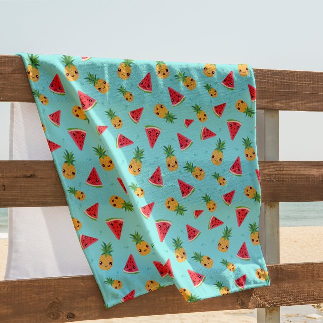 Toalla De Playa Cute Kawaii Smiling Pineapple & Watermelon Pattern (Subido por el creador)