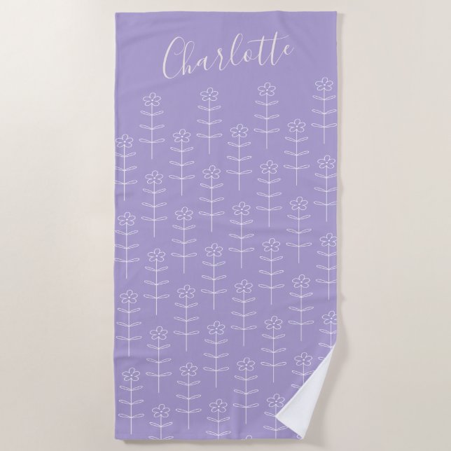 Toalla De Playa Cute Lavender Floral Line Art Personalizado (Anverso)