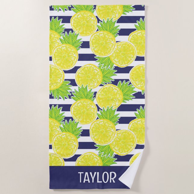 Toalla De Playa Cute Palm Beach Rugby Stripes Lemons (Anverso)