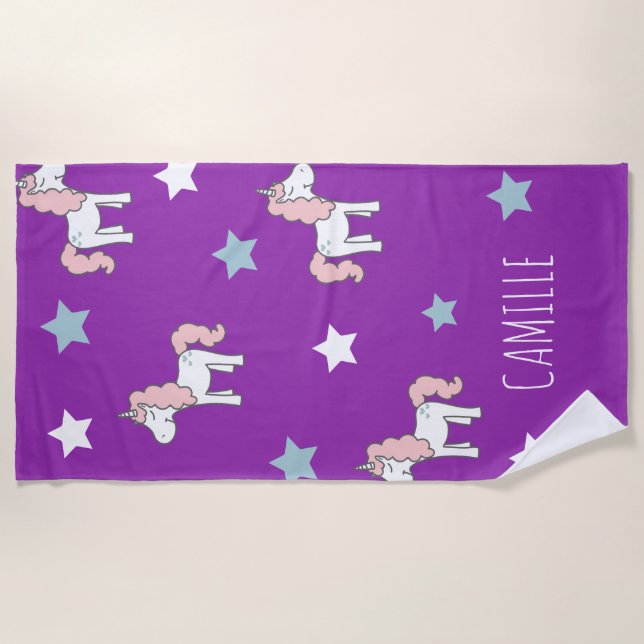 Toalla De Playa Cute Pink Magical Unicorn Purple Girls Purple (Anverso)