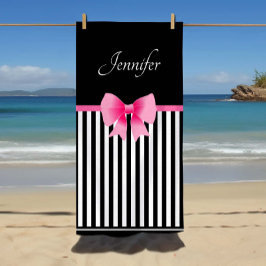 Toalla De Playa Cute Pink Ribbon Black & White Striped
