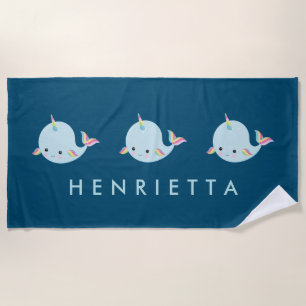 Toalla De Playa Cute Rainbow Narwhal Nombre Personalizado Niños