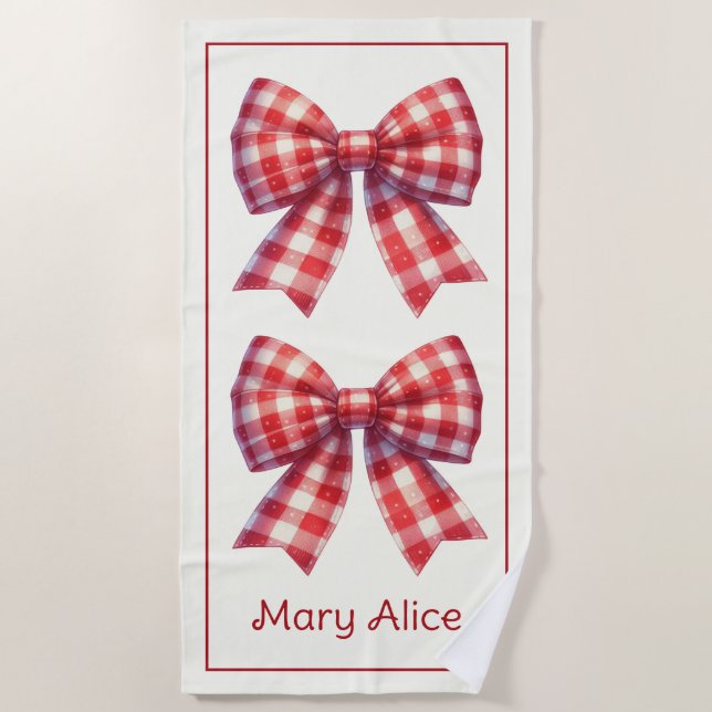 Toalla De Playa Cute Red and Cream Gingham Bows (Anverso)