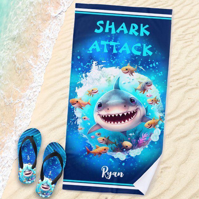 Toalla De Playa Cute Shark Summer Vacation Name Boy (Subido por el creador)