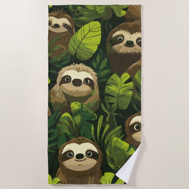 Toalla De Playa Cute Sloth Jungle Pattern – Green Leaf Design (Anverso)