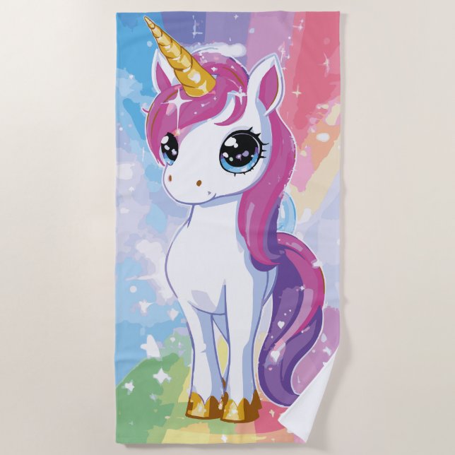 Toalla De Playa Cute Unicorn Rainbow Fantasy Illustration (Anverso)