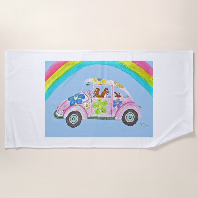 Toalla De Playa Dachshunds en un auto hippie (Anverso)