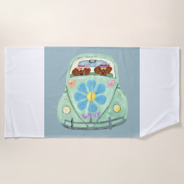 Toalla De Playa Dachshunds en un Coche Hippie (Anverso)