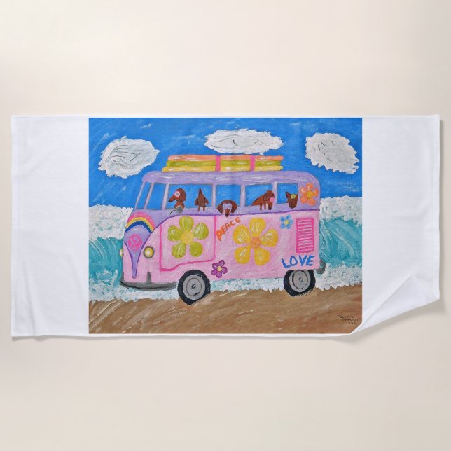 Toalla De Playa  Dachshunds in a Hippie mobile (Anverso)
