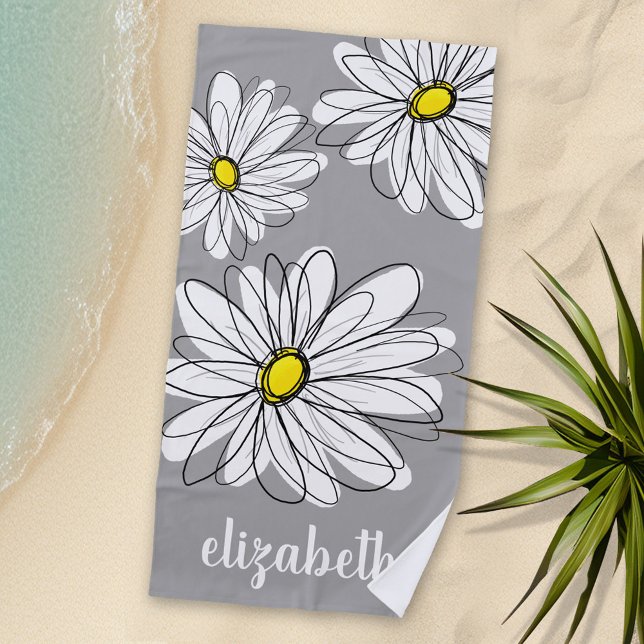 Toalla De Playa Daisy de moda con gris y amarillo (Personalized Beach Towel with flowers and Text)