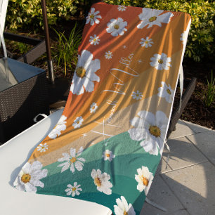 Toalla De Playa Daisy Floral Retro Monograma Arcoíris
