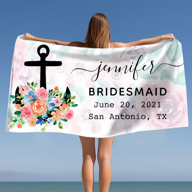 Toalla De Playa Dama de honor de ancla floral personalizada (Personalized Floral Anchor Bachelorette Bridesmaid Beach Towel)