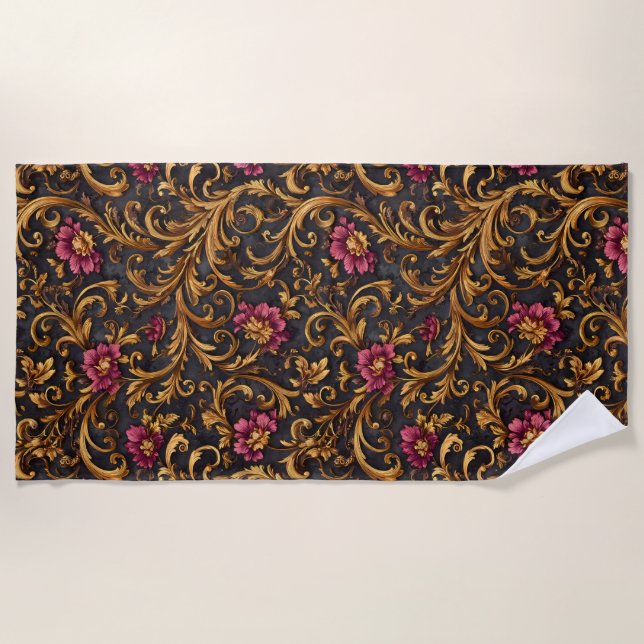 Toalla De Playa Dark Baroque Floral with Gold Scrolls (Anverso)