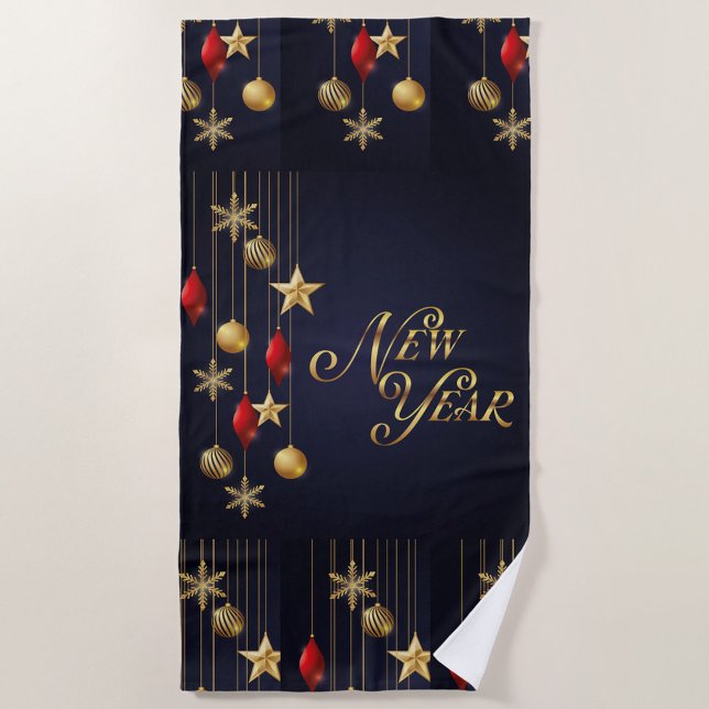Toalla de playa de Año Nuevo (A dark blue towel with a New Year's design. )
