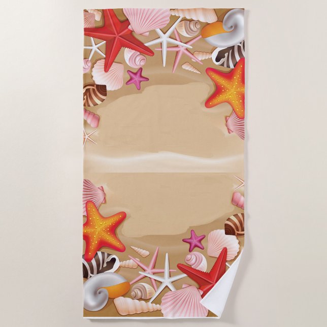 Toalla de playa de conchas y estrellas de mar cost (“Shells, sun, and summer fun — the perfect towel for ocean lovers.”)