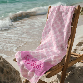 Toalla de playa de cuadros rosas con texto persona