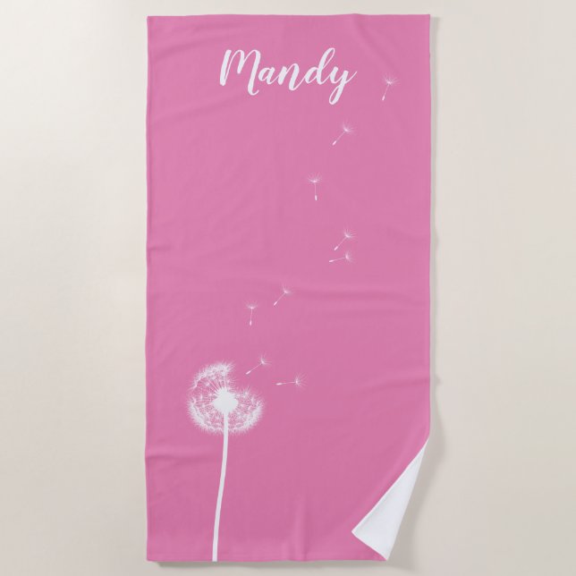 Toalla de playa de Dandelion rosa personalizable (Anverso)