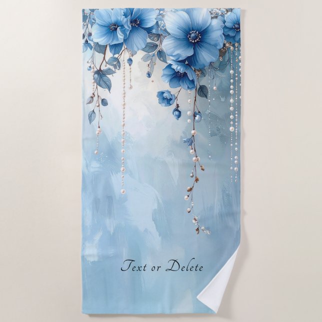 Toalla de Playa de Flores Azules y Perlas (Anverso)