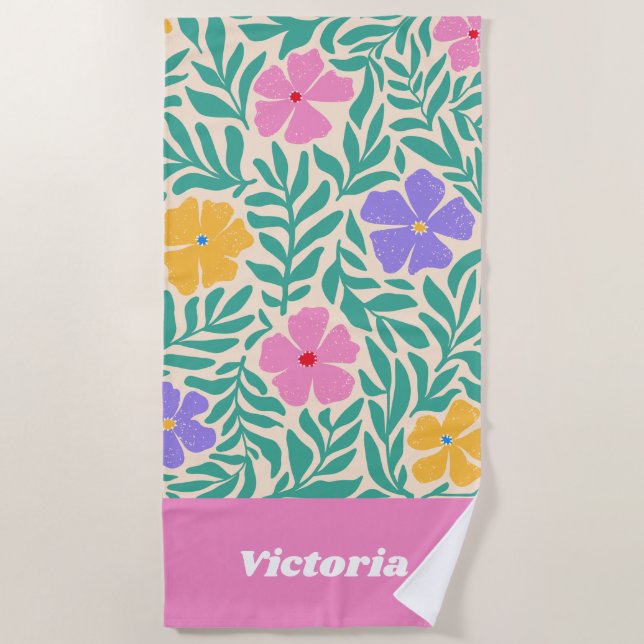 Toalla de playa de flores personalizadas | 70s Boh (Anverso)