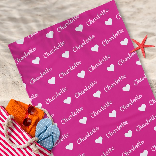 Toalla de playa de Heart Beach con el nombre de re (Personalized Repeating Name Pattern with Heart Summer Beach Bath Towel)