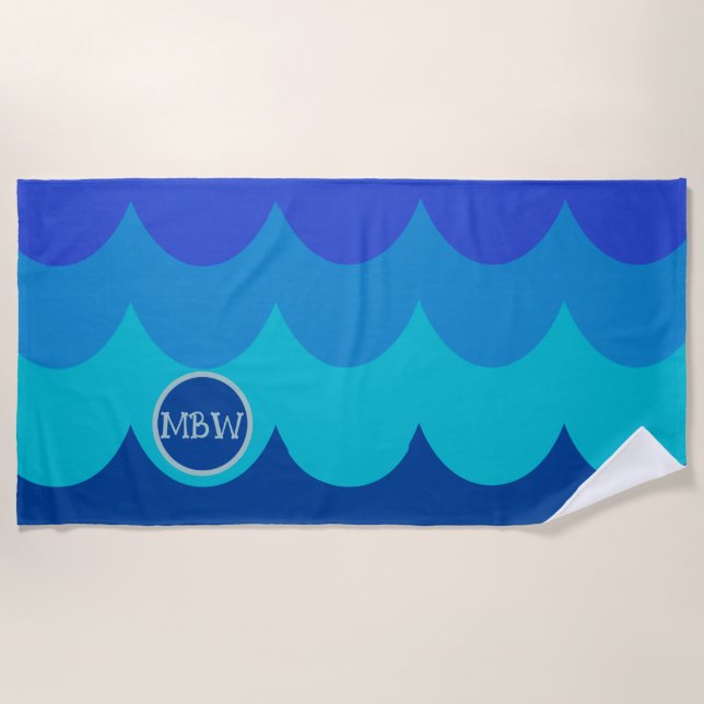 Toalla de playa de Monograma de Olas Azules (Anverso)