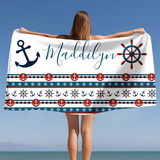 Toalla de playa de nombre personalizado del delimi (Preppy Anchor Personalized Name Beach Towel)