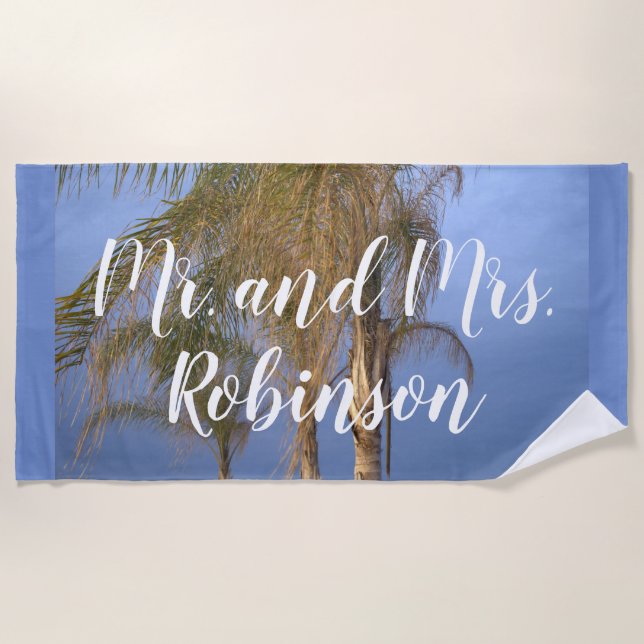 Toalla de playa de palmeras de boda Sr. y Sra. (Anverso)