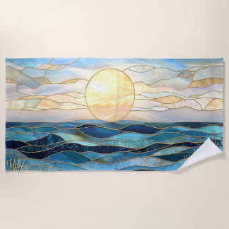 Toalla de playa de puesta de sol en el océano de v