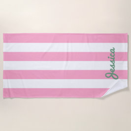 Toalla de playa de rayas de cabaña rosa y blanca