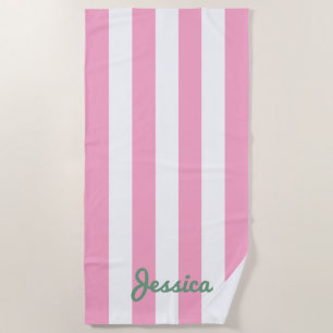 Toalla de playa de rayas de cabaña rosa y blanca