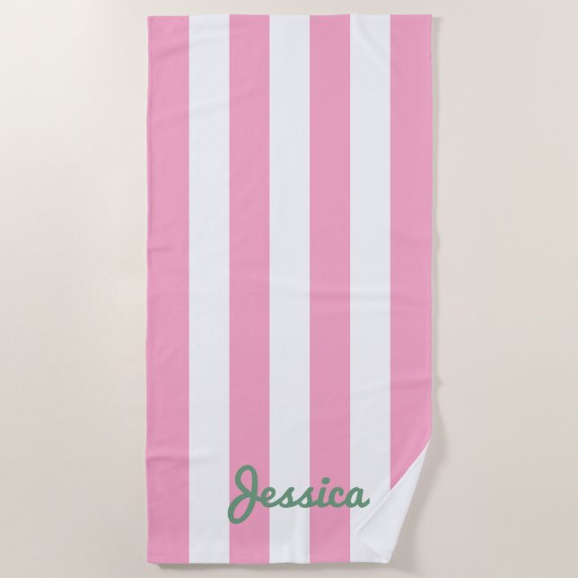 Toalla de playa de rayas de cabaña rosa y blanca (Anverso)