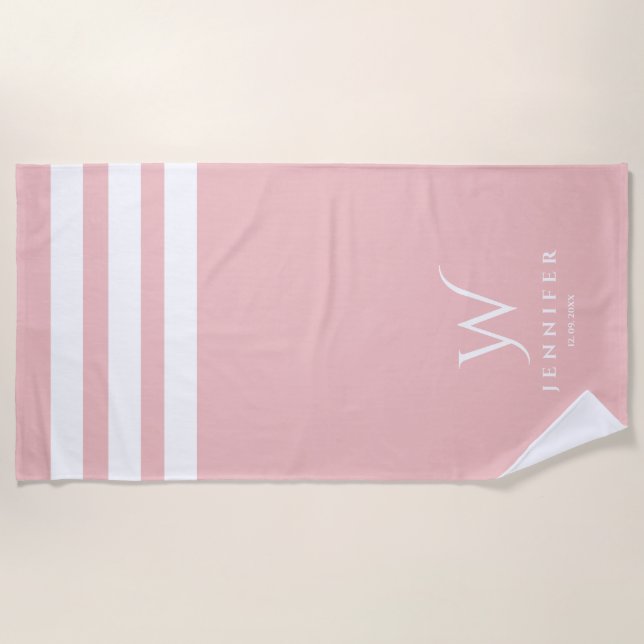 Toalla de playa de rayas rosa personalizada para b (Anverso)