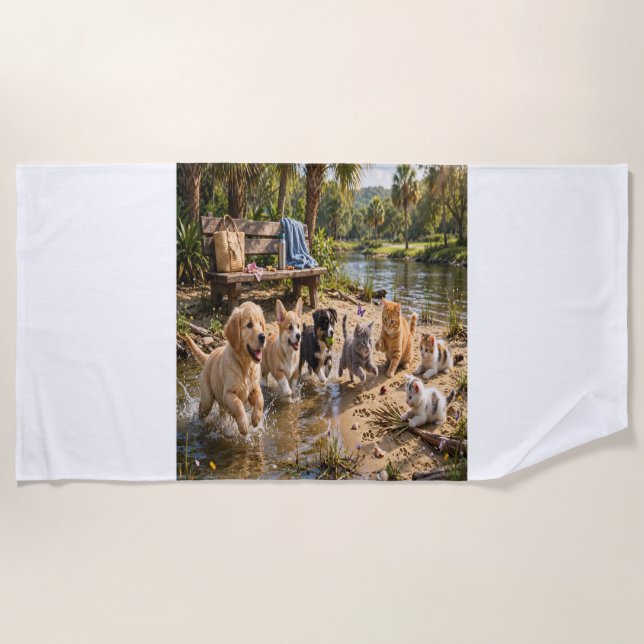 Toalla de playa de Riverside de cachorros y gatito (Anverso)