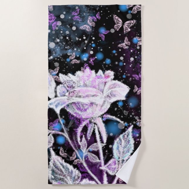 Toalla de playa de rosa blanco y mariposas (Anverso)