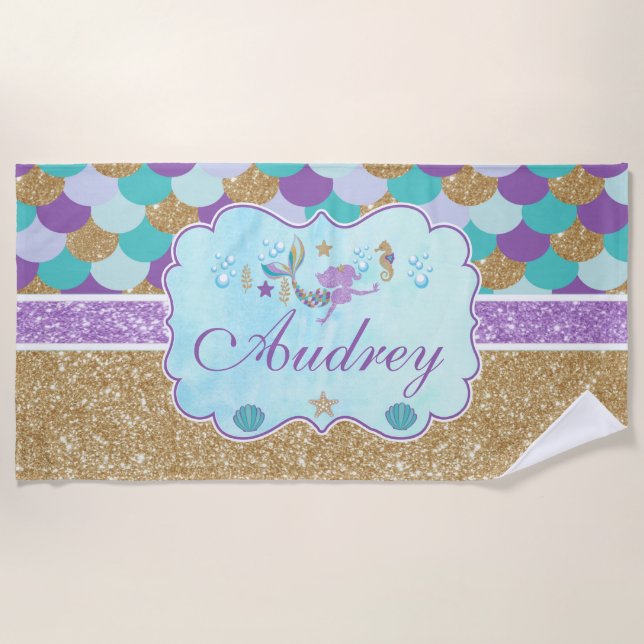 Toalla de playa de Sirena Monograma Personalizada (Anverso)