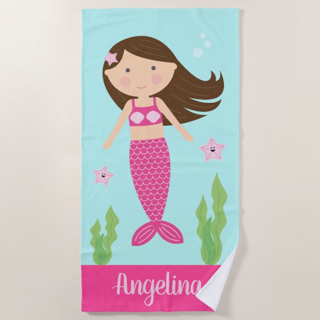 Toalla de playa de Sirena| Pelo marrón (Anverso)