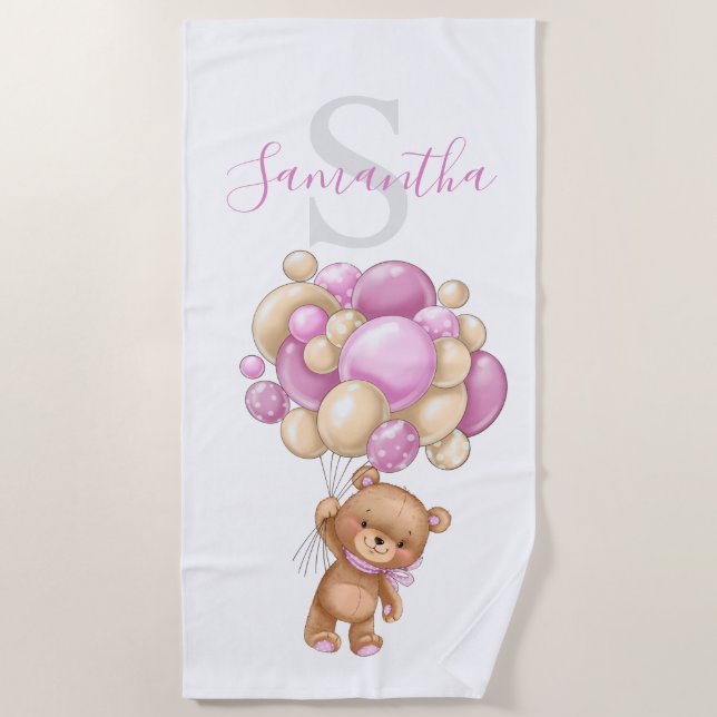 Toalla de playa de Teddy Bear Pink Balloons para n (Anverso)