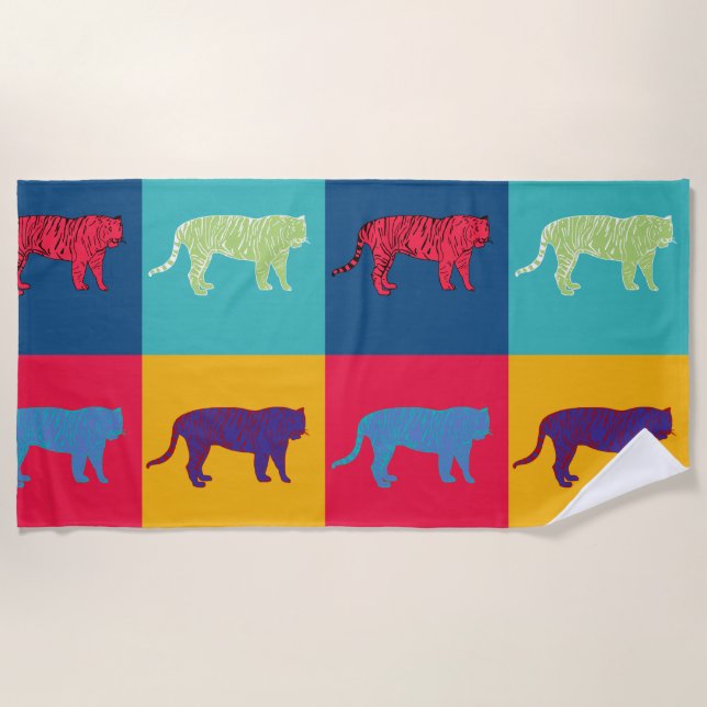 Toalla de playa de Tigres de Arte Pop (Anverso)