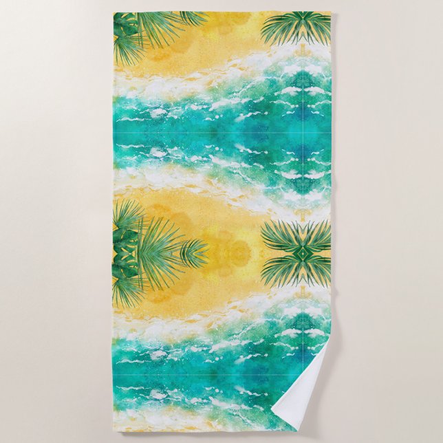 Toalla de playa de verano (A vibrant beach towel featuring a tropical design with turquoise waves and golden sand.  )