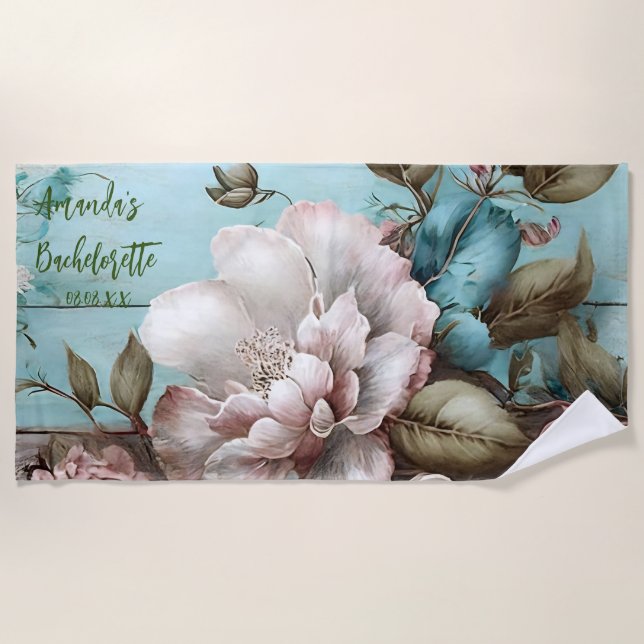 Toalla De Playa Despedida de soltera personalizada vintage azul y  (Anverso)
